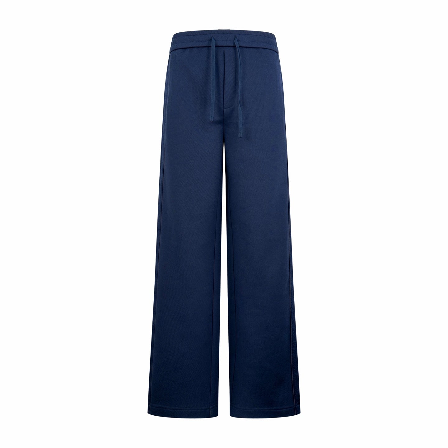 Navy drawstring wide-leg pants with elastic waistband and side pockets