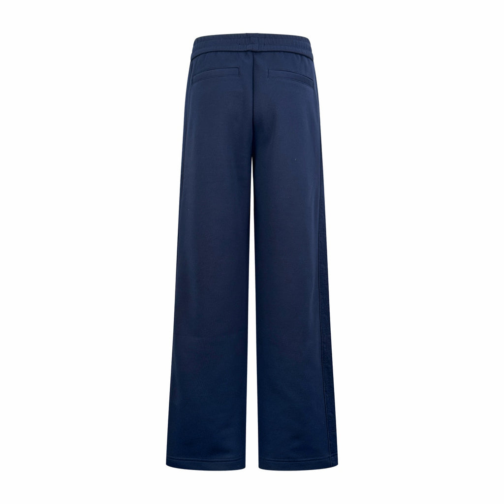 Navy wide-leg pants with structured waistband and front seam detailing