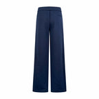 Navy wide-leg pants with structured waistband and front seam detailing