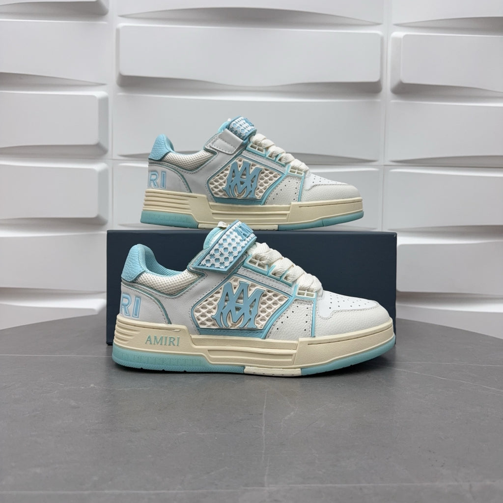 Amiri low-top sneakers, white with light blue accents and off-white sole