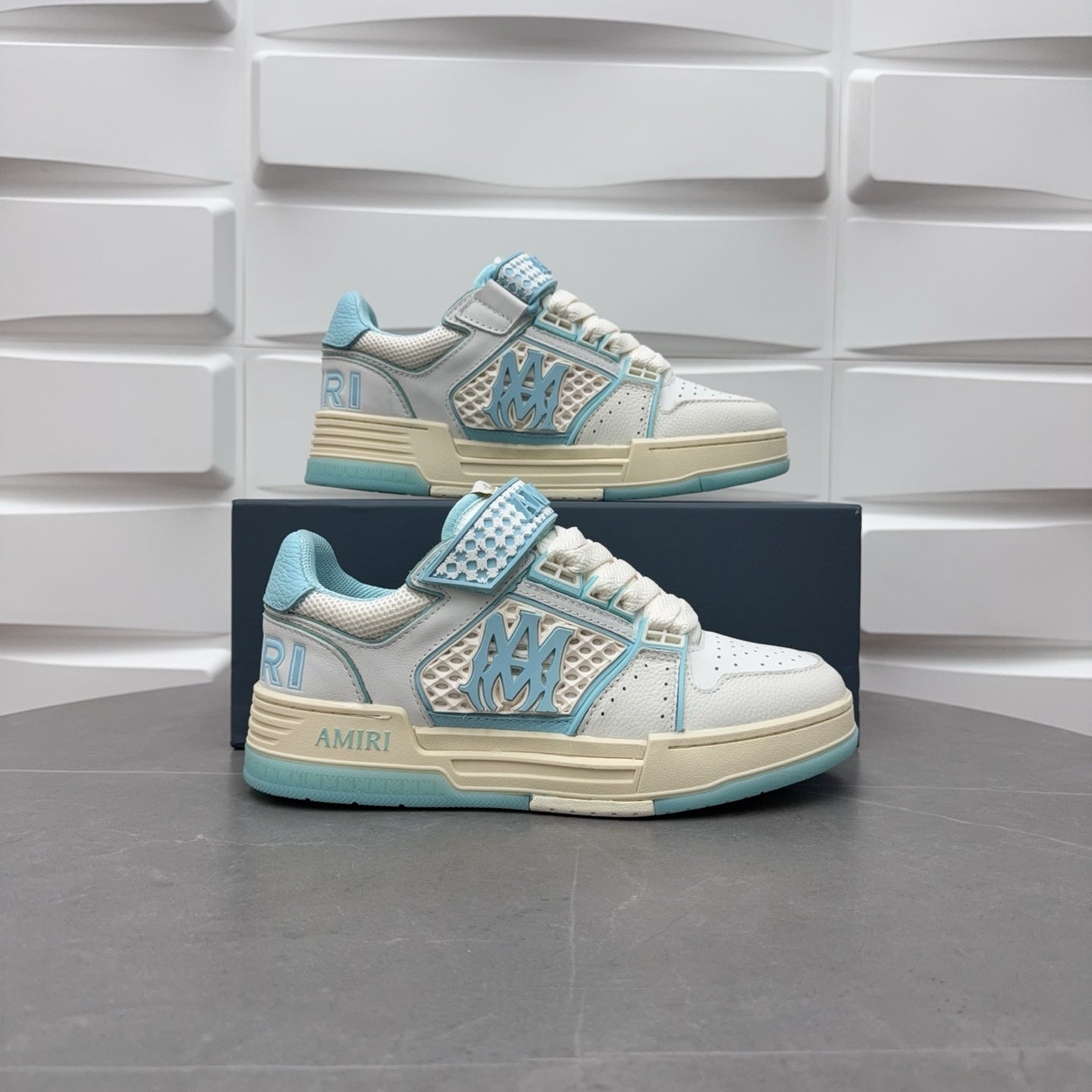 Amiri low-top sneakers, white with light blue accents and off-white sole