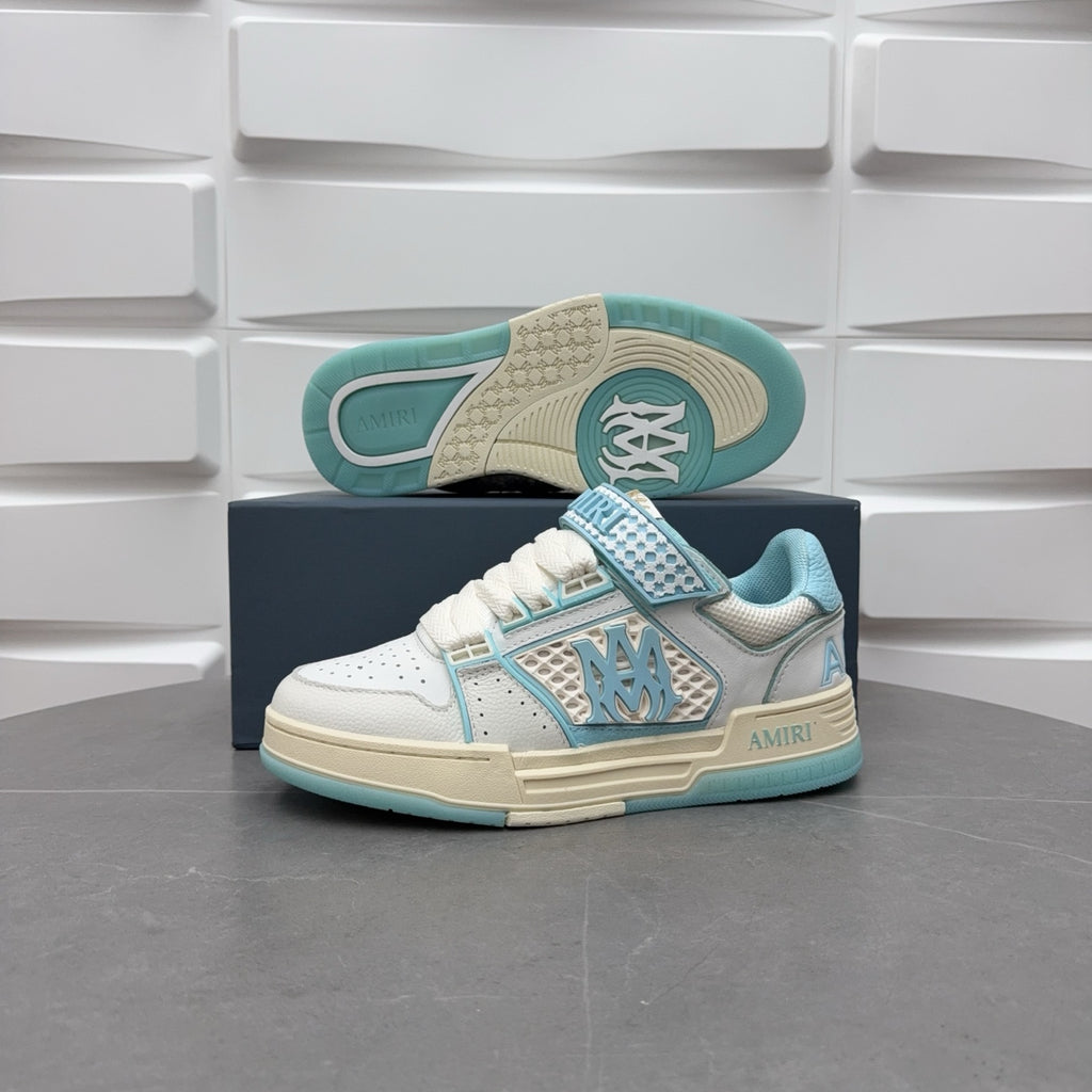 Amiri low-top sneakers, white with light blue accents and visible tread outsole
