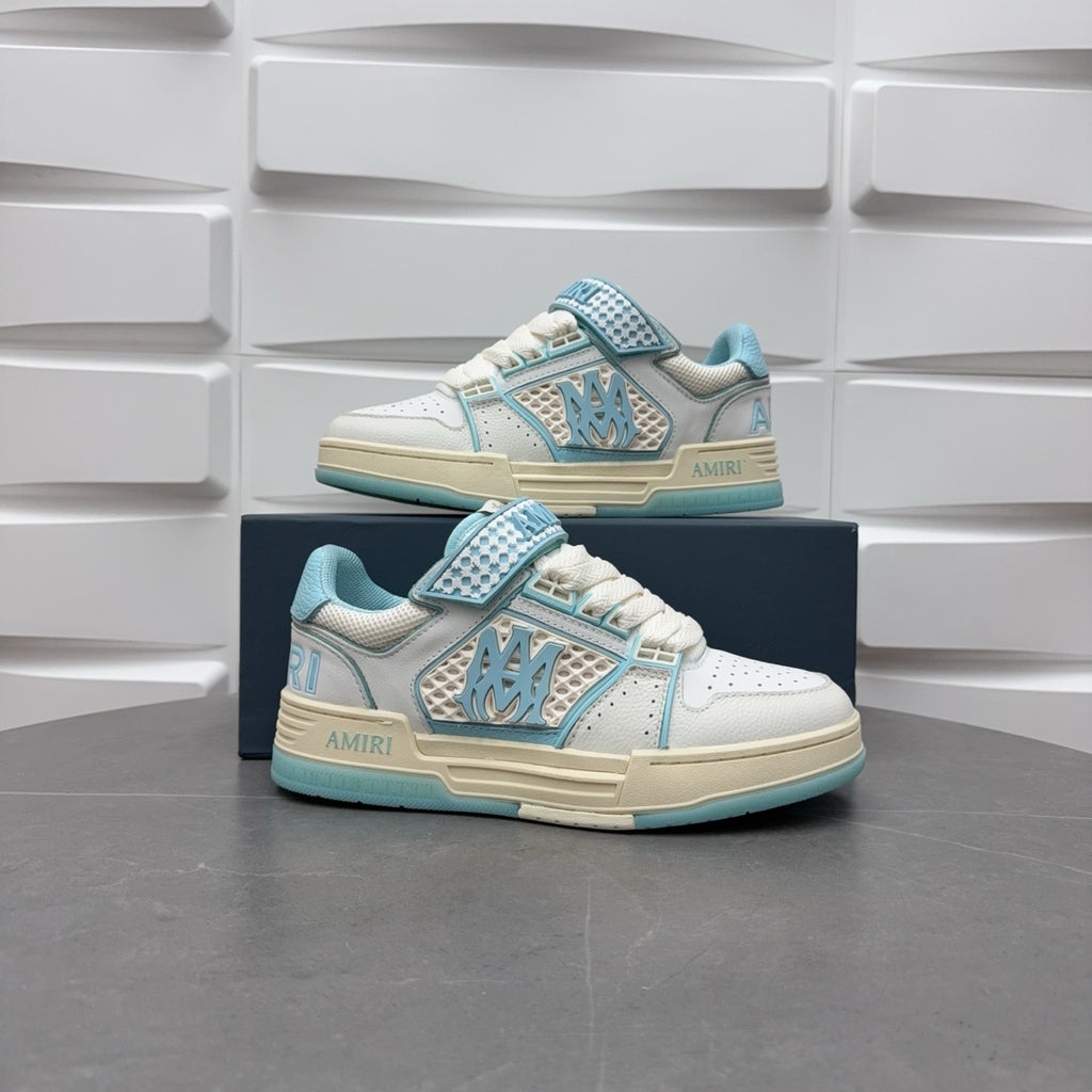 Amiri low-top sneakers set, white uppers with light blue straps and logo
