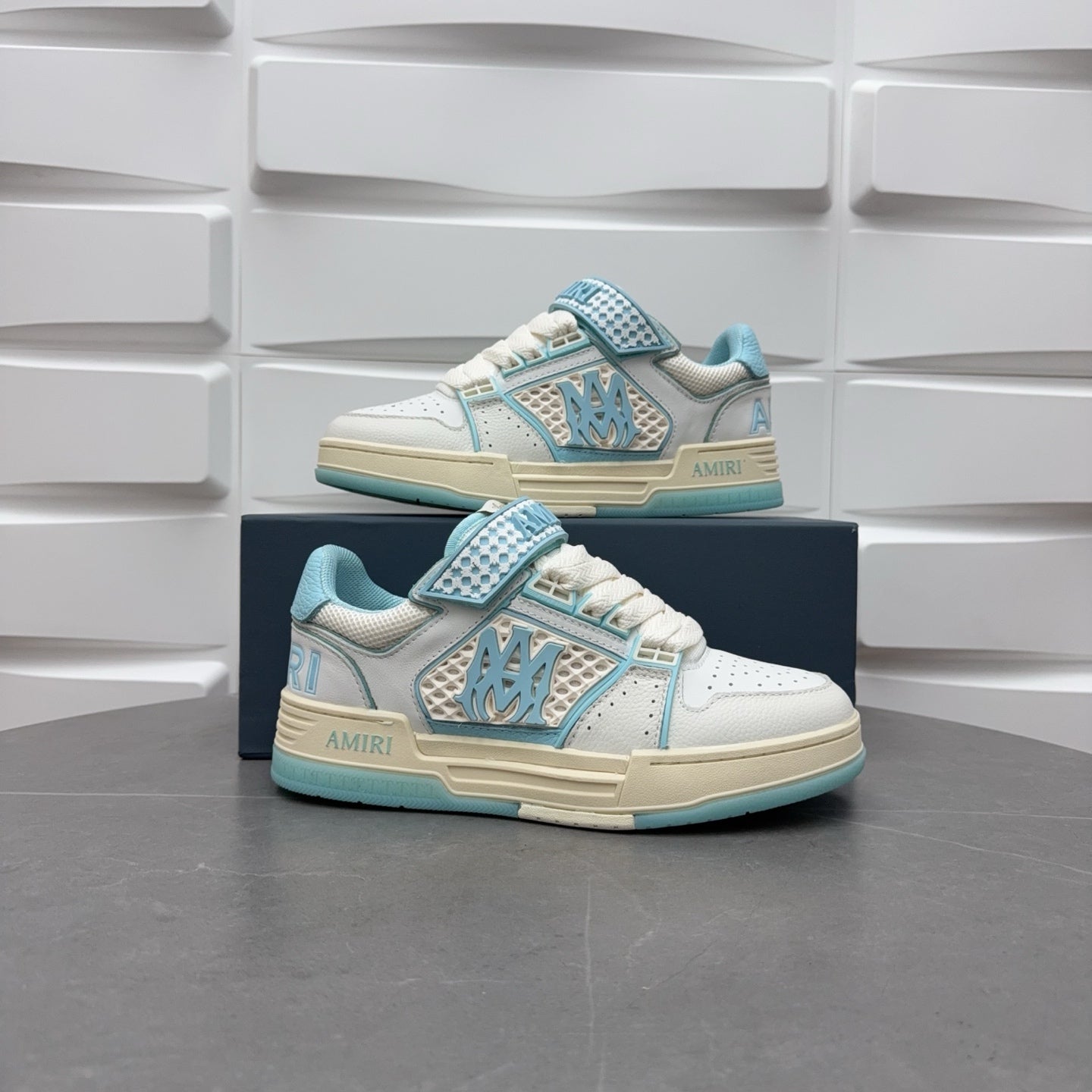 Amiri low-top sneakers set, white uppers with light blue straps and logo