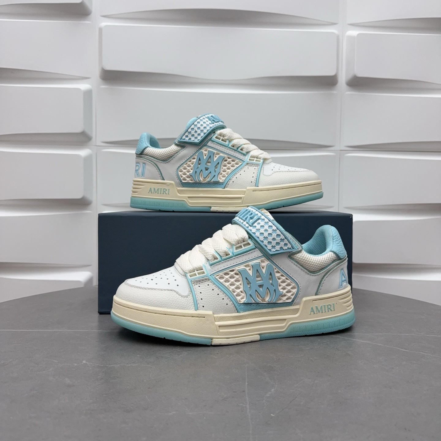 Amiri low-top sneakers, white leather with light blue strap and logo