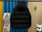 Moncler long hooded puffer jacket, dark, back view on display