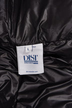 Size label on dark puffer coat: L and 'DISTI' printed