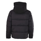 Moncler long hooded puffer jacket, dark, rear view with hood up