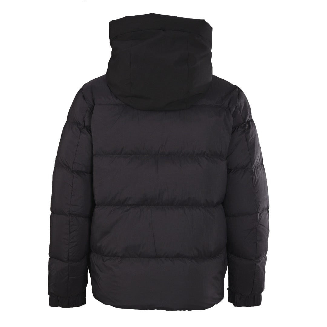 Moncler long hooded puffer jacket, dark, rear view with hood up