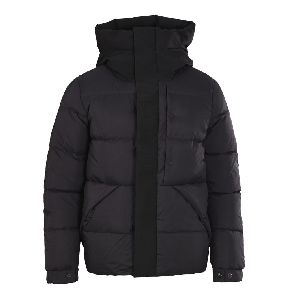 Moncler long hooded puffer jacket, dark, front view with full zip