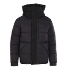 Moncler long hooded puffer jacket, dark, front view with full zip