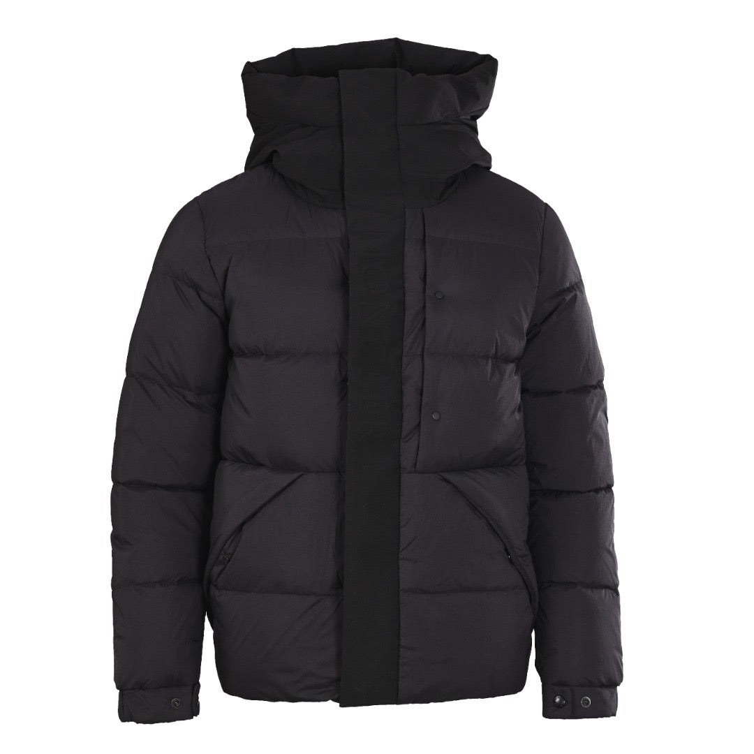Moncler long hooded puffer jacket, dark, front view with full zip