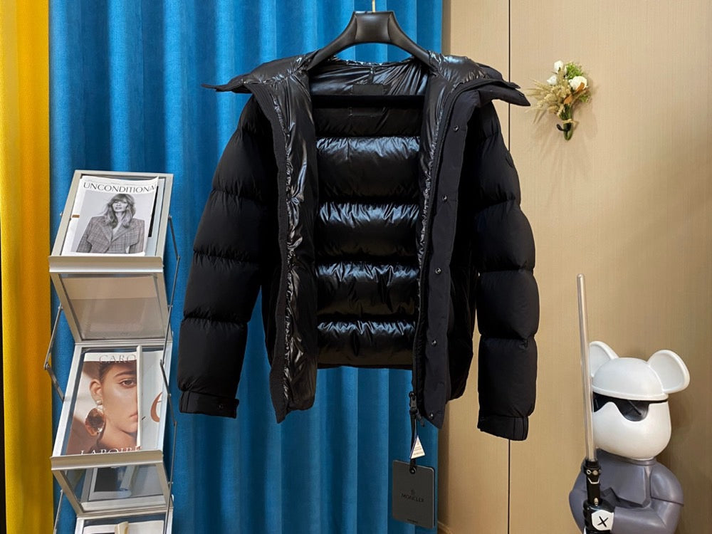 Moncler long hooded puffer jacket, dark, front detail with hanger tag