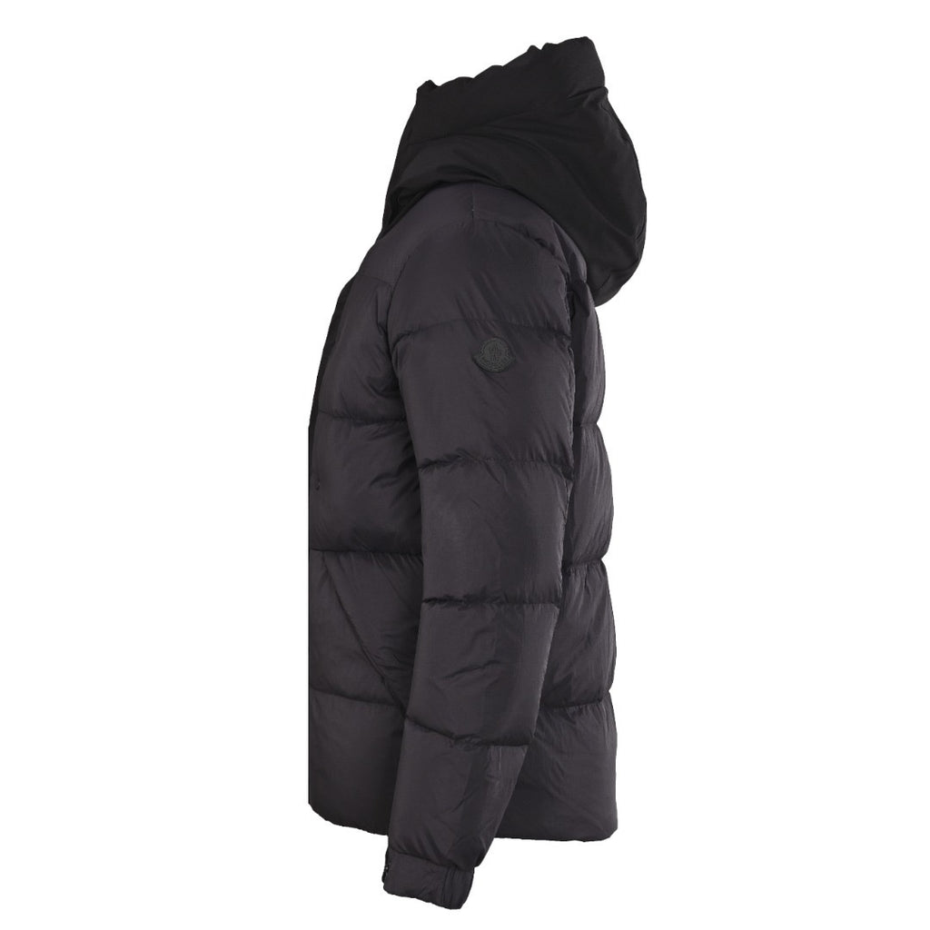 Moncler long hooded puffer jacket, dark, side view with quilted panels