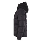 Moncler long hooded puffer jacket, dark, side view with quilted panels