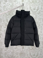 Moncler long hooded puffer jacket, black, full-length front zipper, padded insulation