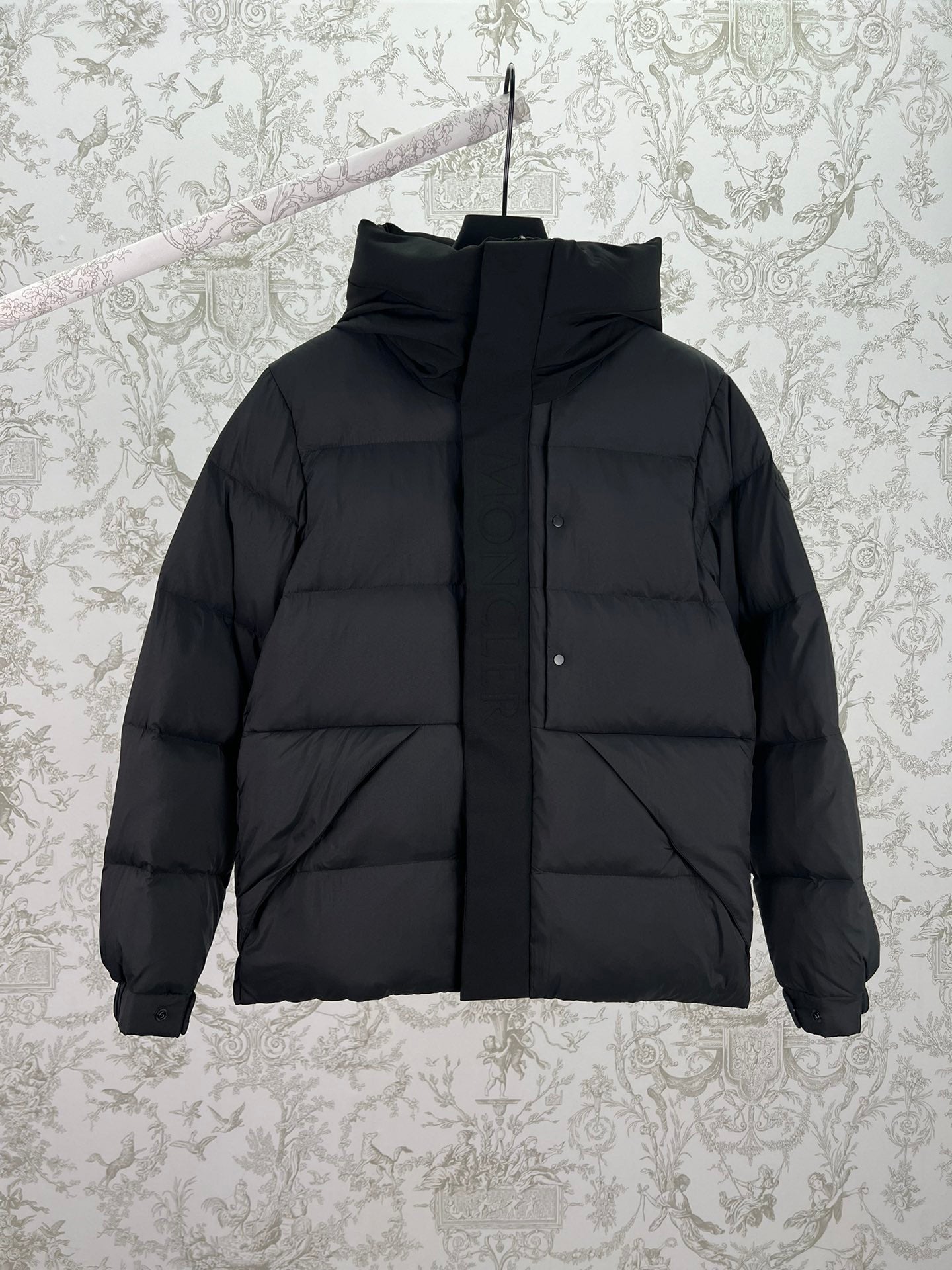 Moncler long hooded puffer jacket, black, full-length front zipper, padded insulation