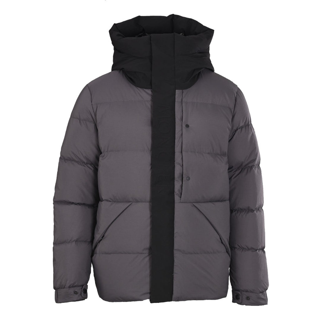 Long puffer jacket with hood, center front zipper, dark gray fabric