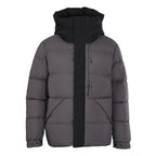Long puffer jacket with hood, center front zipper, dark gray fabric