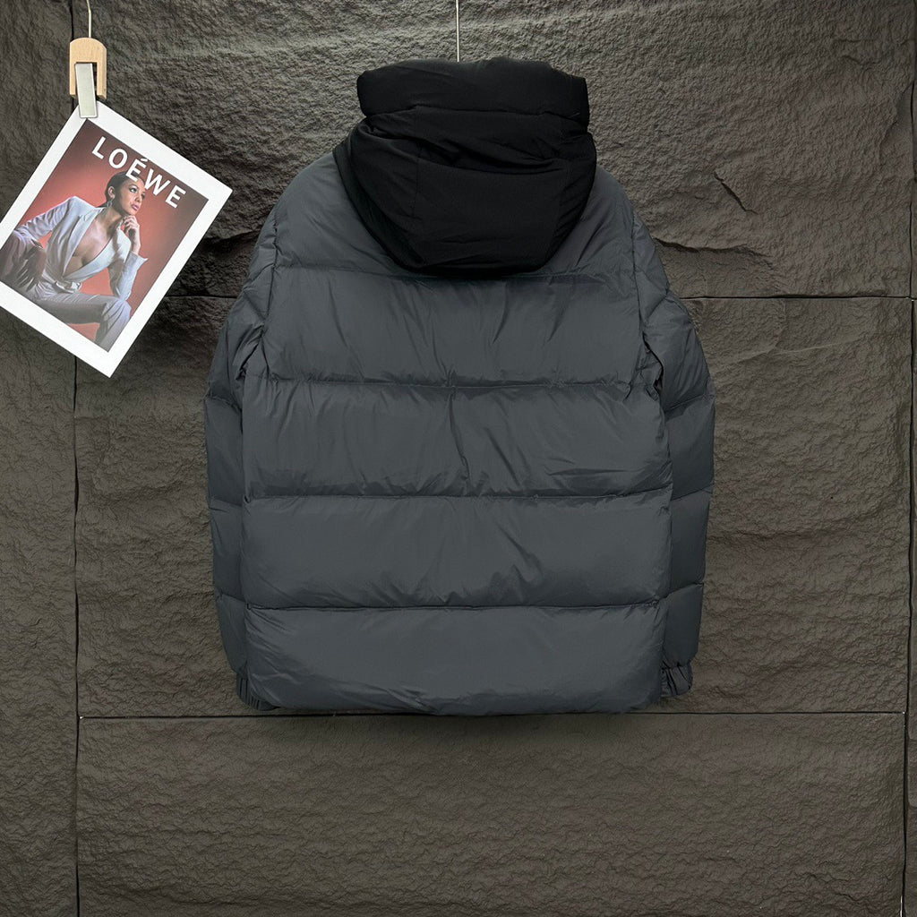 Moncler hooded puffer jacket, dark gray back view with quilted horizontal panels