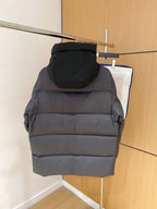 Long hooded puffer jacket, quilted dark gray design, back view