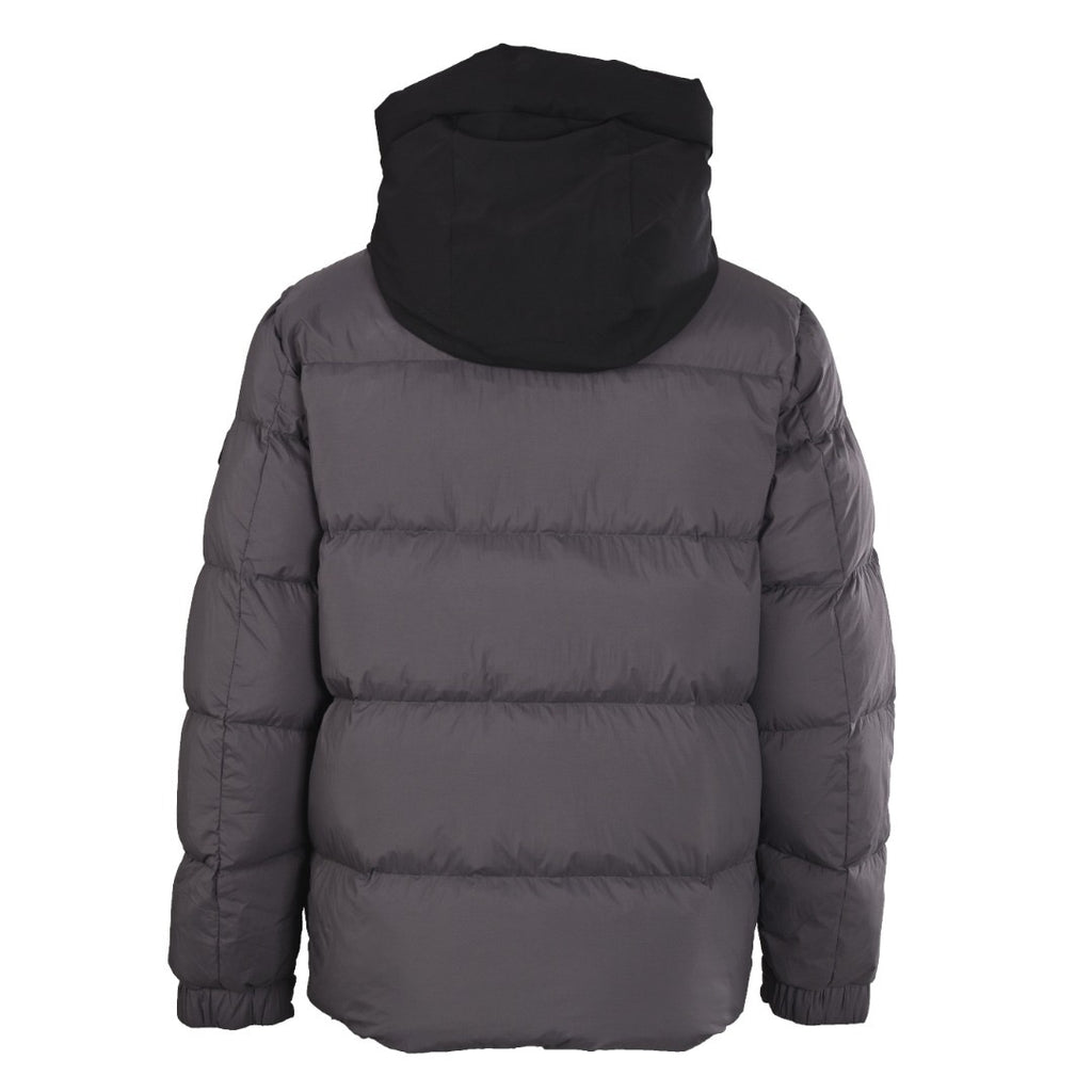 Long hooded puffer jacket, back view, dark gray with quilted horizontal panels