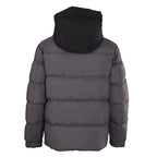 Long hooded puffer jacket, back view, dark gray with quilted horizontal panels