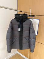 Long puffer jacket with hood, front zipper, dark gray color, quilted panels