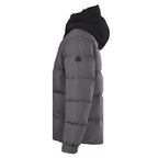 Long hooded puffer jacket, side view, dark gray quilted insulation