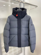 Moncler hooded puffer jacket, light gray front with hood and central zipper