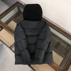 Moncler hooded puffer jacket, dark gray back view with hood and gathered seams