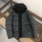 Moncler hooded puffer jacket, dark gray back view with quilted blocks