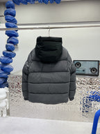 Moncler hooded puffer jacket, dark gray back view with full zipper