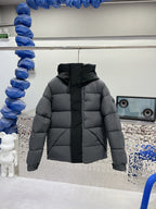 Moncler hooded puffer jacket, dark gray front with zip and stand collar