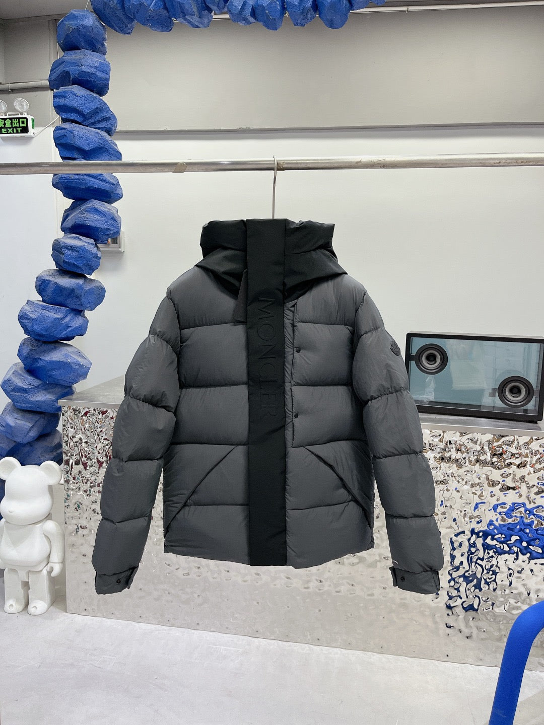 Moncler hooded puffer jacket, dark gray front with zip and stand collar
