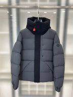 Moncler hooded puffer jacket, slate gray front with central button placket