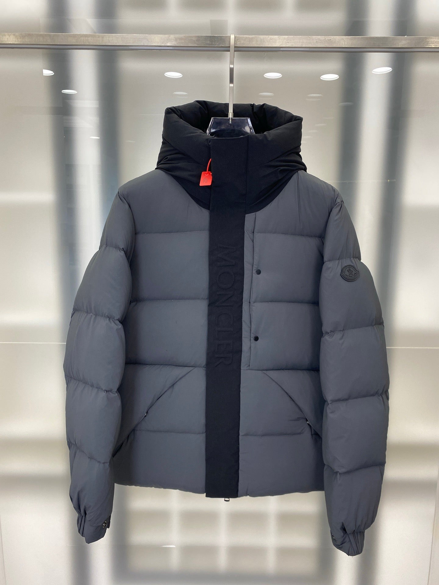 Moncler hooded puffer jacket, slate gray front with central button placket