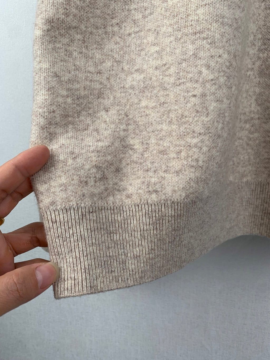 Ribbed knit hem of Louis Vuitton long-sleeve sweater, light heather beige