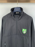 Dark gray Dior zip-up jacket with stand collar, front pockets, and green logo patch