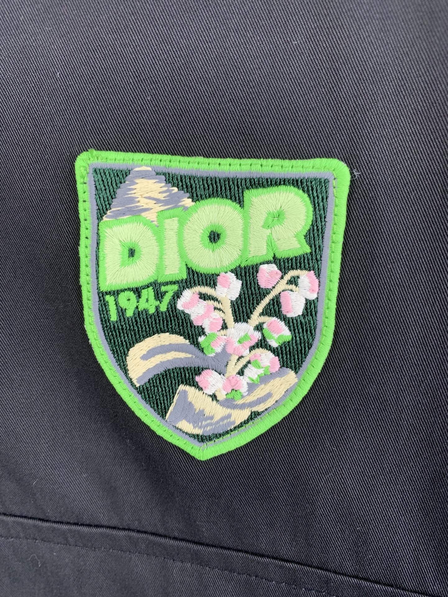 Green-and-black Dior logo patch on a dark gray jacket front