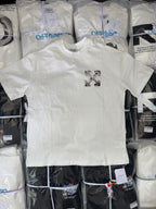 Off-white T-shirt with small chest metallic arrow-style logo