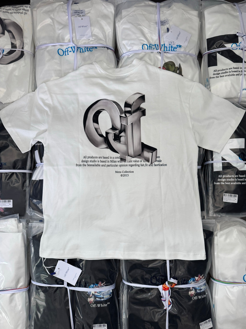 Off-white T-shirt with large metallic 3D logo and back text print