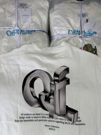 Off-white T-shirt with oversized metallic 3D logo and small paragraph text