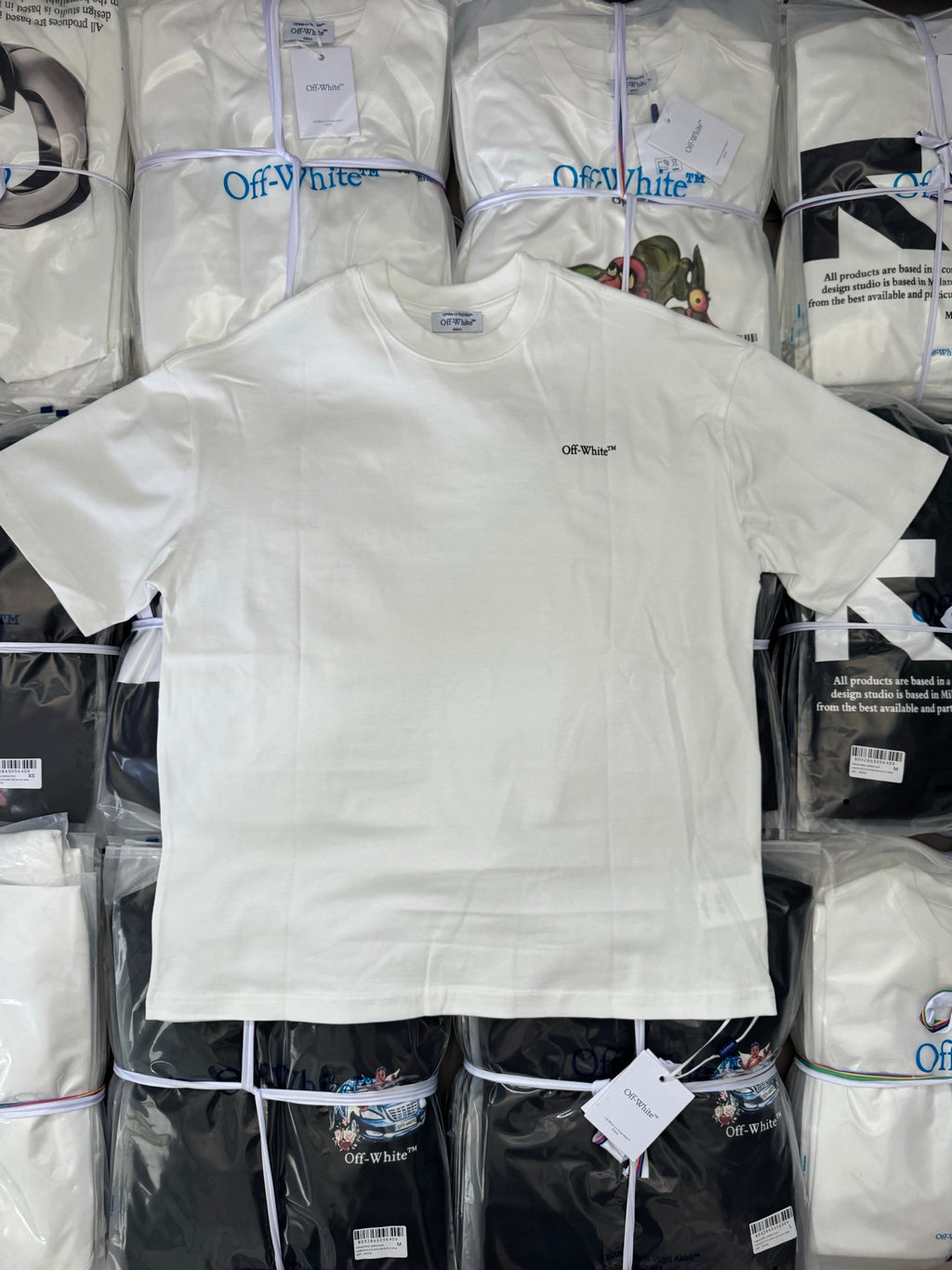 Off-White white T-shirt with small chest logo label and crew neck