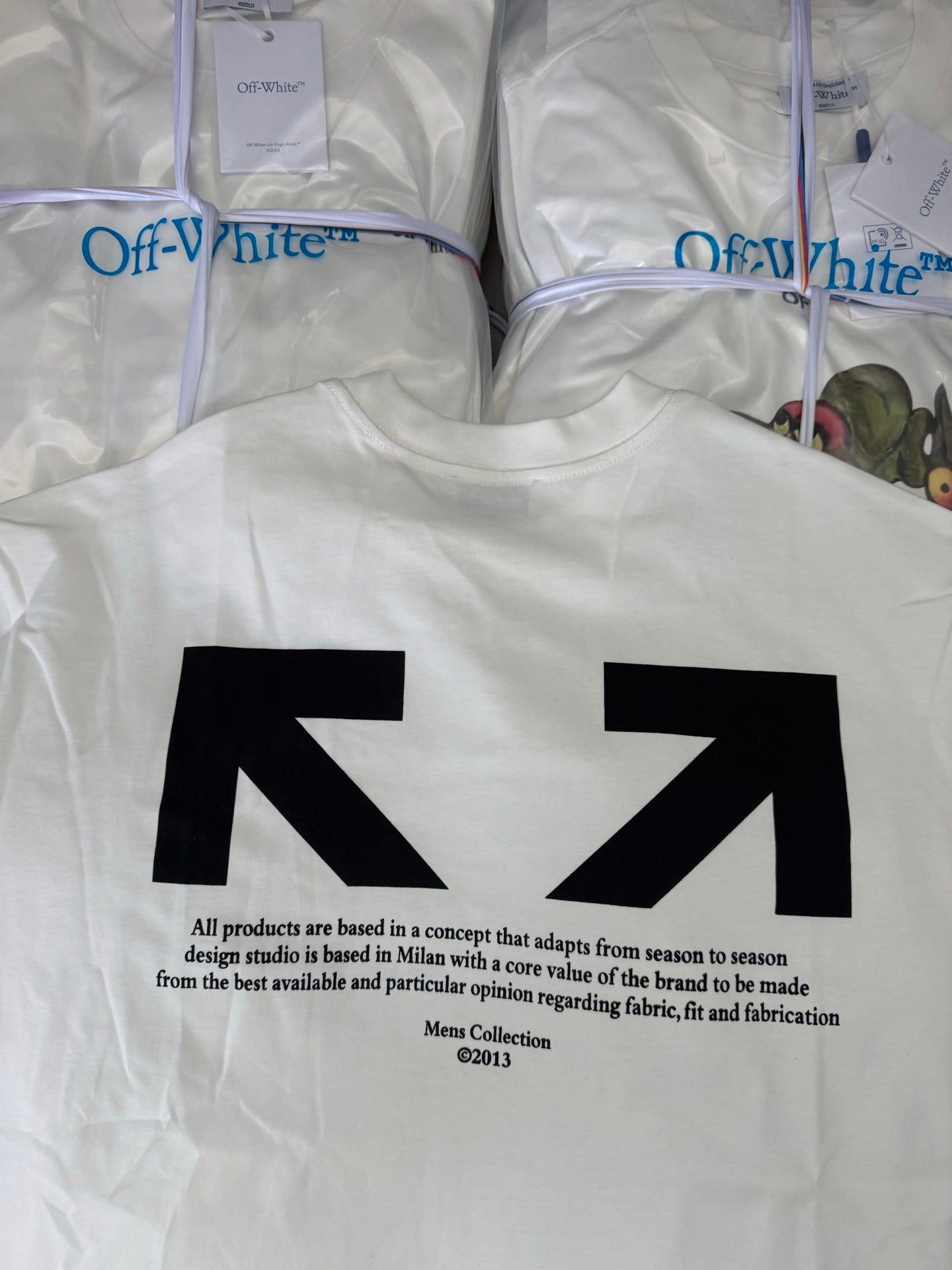 Off-White white T-shirt with big black arrows and description text