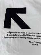 Off-White white T-shirt close-up of black arrow graphic and text