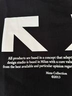 Black Off-White™ T-shirt close-up of white arrow letters and text