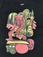 Black T-shirt with colorful cartoon characters graphic, close-up