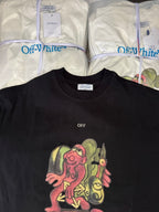 Black T-shirt with crew neck, small OFF text, and colorful cartoon graphic