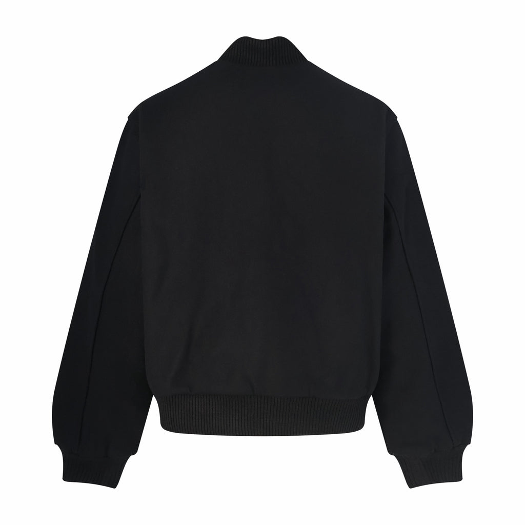 Black zip-up varsity jacket with ribbed hem and cuffs
